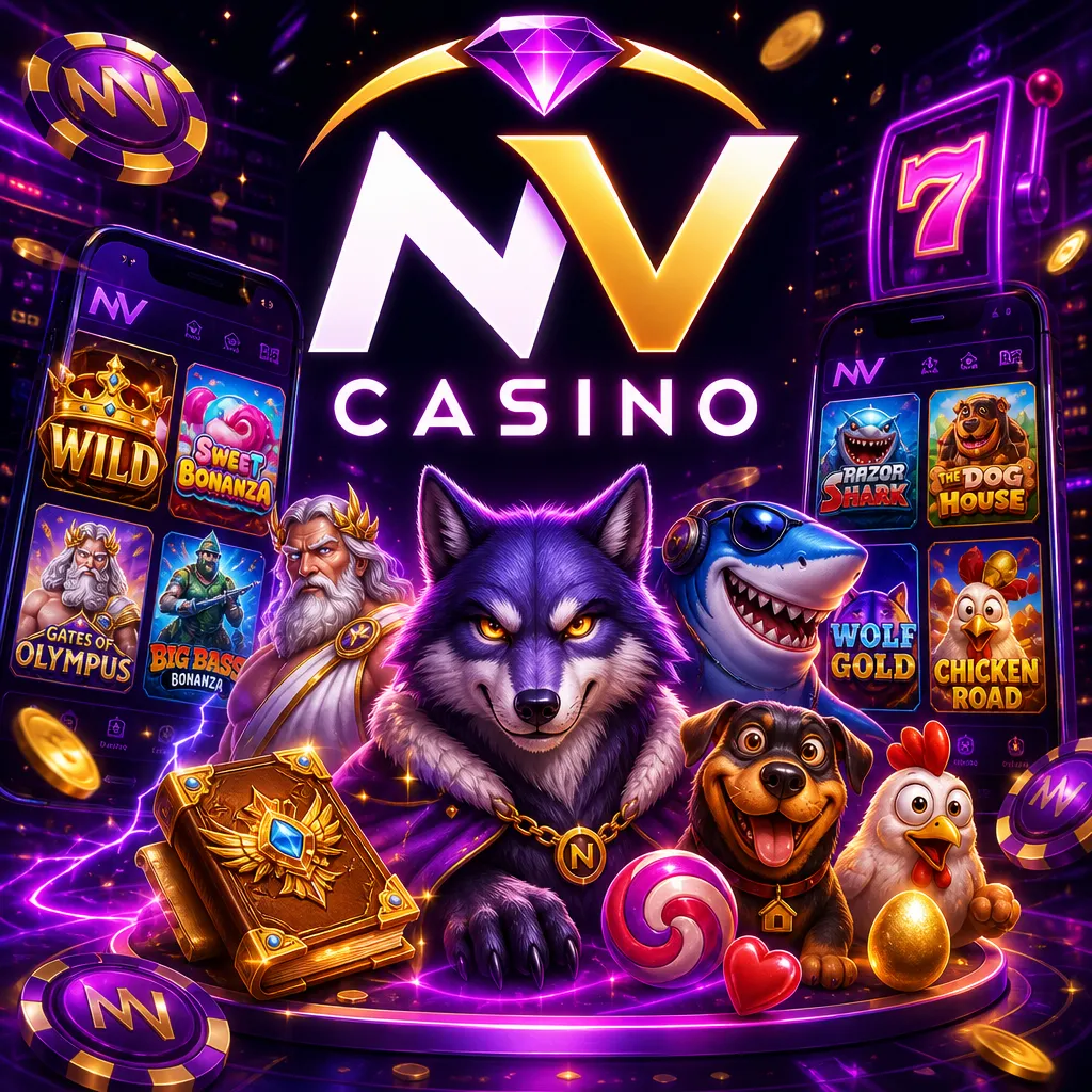 NV Casino branding with logo, purple-magenta neon, gold accents, and slot card visuals in a modern iGaming layout.
