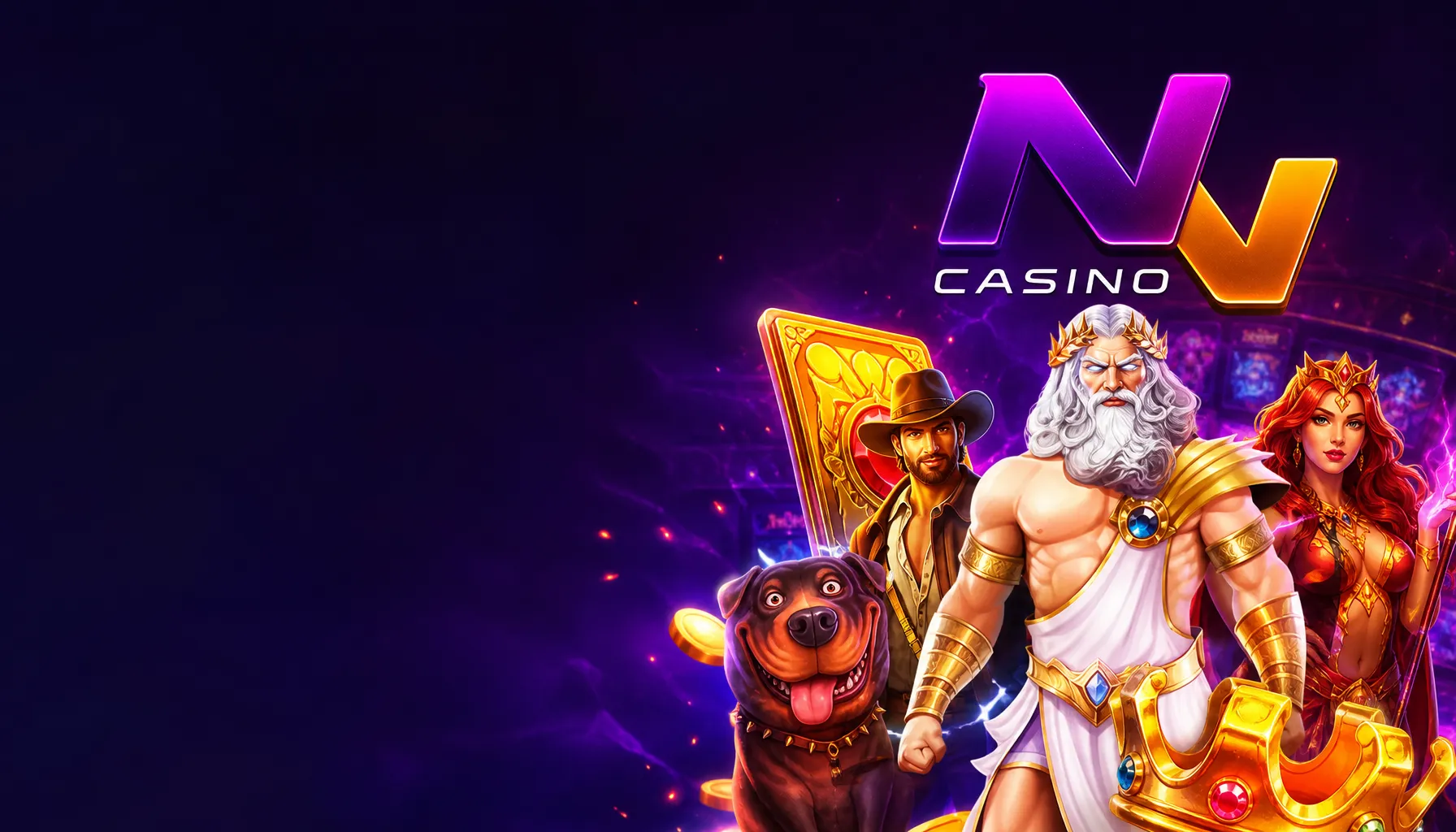 High-quality hero banner for NV Casino featuring official logo and slot-inspired visuals with a sleek background.